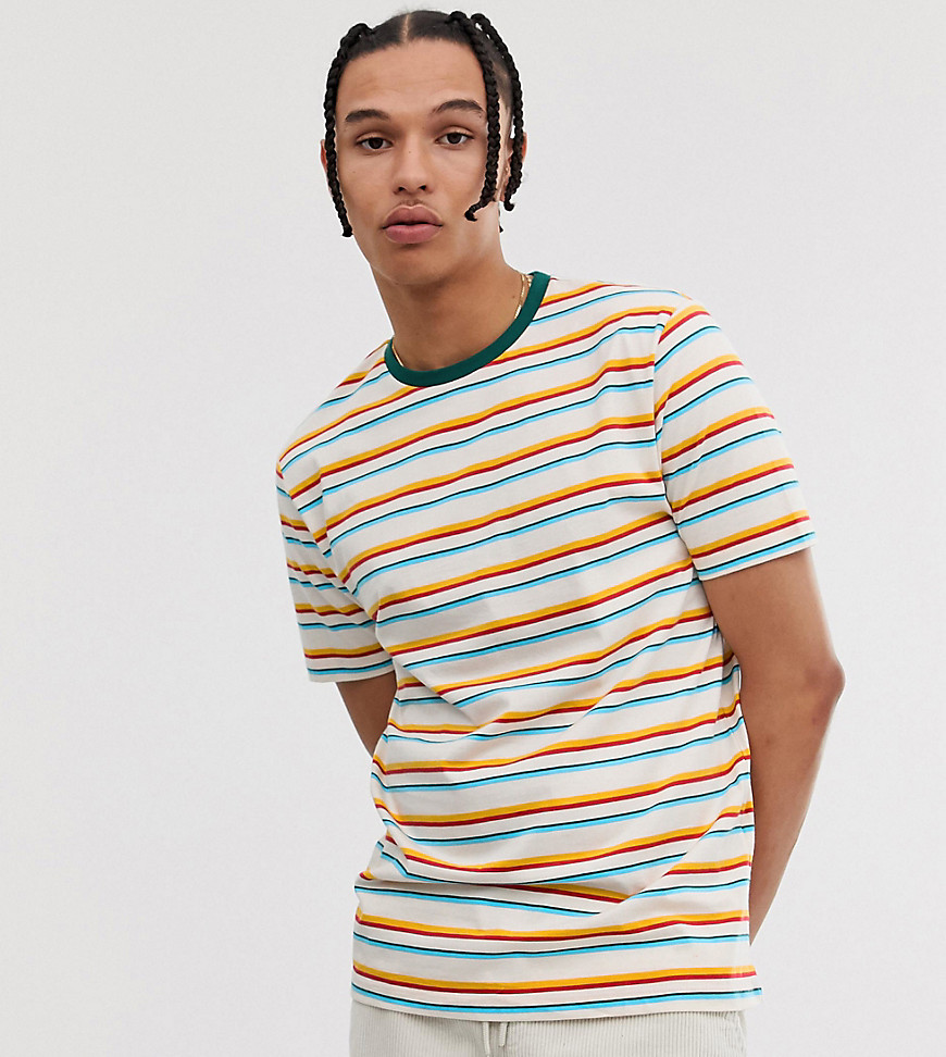 ASOS DESIGN Tall - Ruimvallend T-shirt van organisch katoen met regenboogstrepen en contrasterende hals-Multi