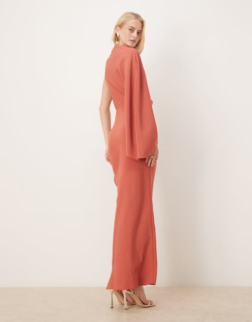 ASOS DESIGN Tall - Rustfarvet højhalset oneshoulder-midikjole med flagermusærmer og udskæringsdetaljer, 3 af 4