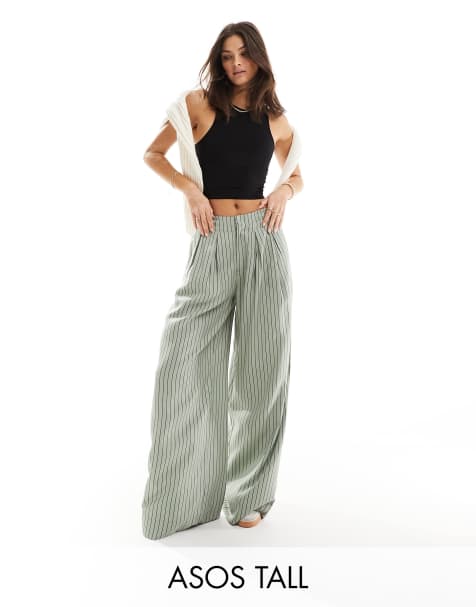 ASOS DESIGN Tall – Salviagröna, randiga byxor med vida ben och veck - view 1