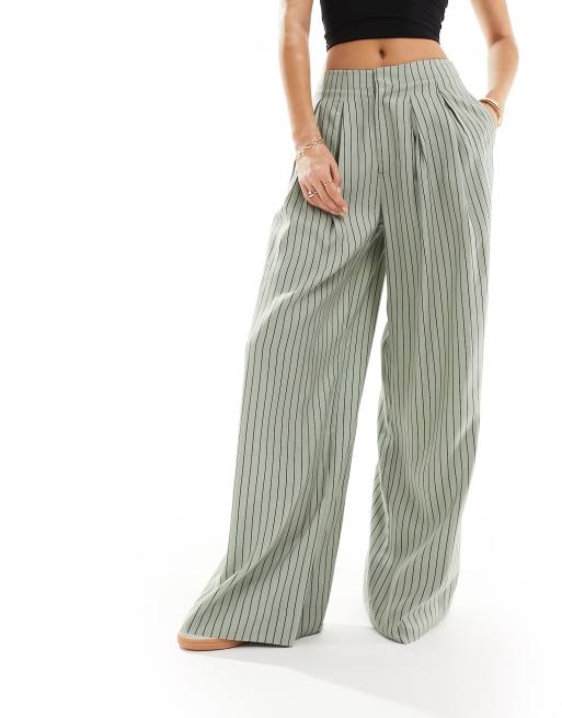 ASOS DESIGN Tall – Salviagröna, randiga byxor med vida ben och veck, 2 av 5