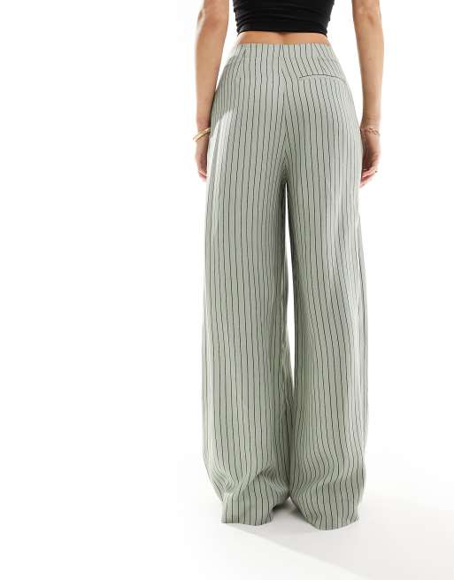 ASOS DESIGN Tall – Salviagröna, randiga byxor med vida ben och veck, 4 av 5