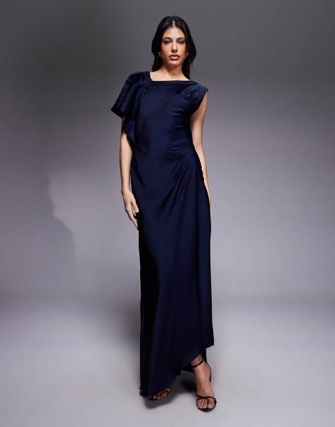 ASOS DESIGN Tall - Satijnen maxi-jurk met asymmetrische halslijn met plooien bij de schouder en rok met accent in donkerblauw - view 1