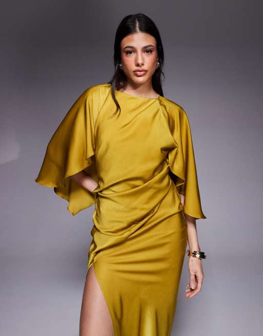 ASOS DESIGN Tall - Satijnen maxi-jurk met capemouwen met ruches, open achterkant en hoge split in chartreuse, 2 van 4