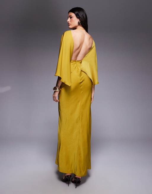 ASOS DESIGN Tall - Satijnen maxi-jurk met capemouwen met ruches, open achterkant en hoge split in chartreuse, 3 van 4