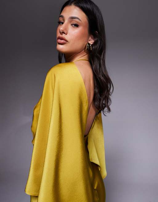 ASOS DESIGN Tall - Satijnen maxi-jurk met capemouwen met ruches, open achterkant en hoge split in chartreuse, 4 van 4