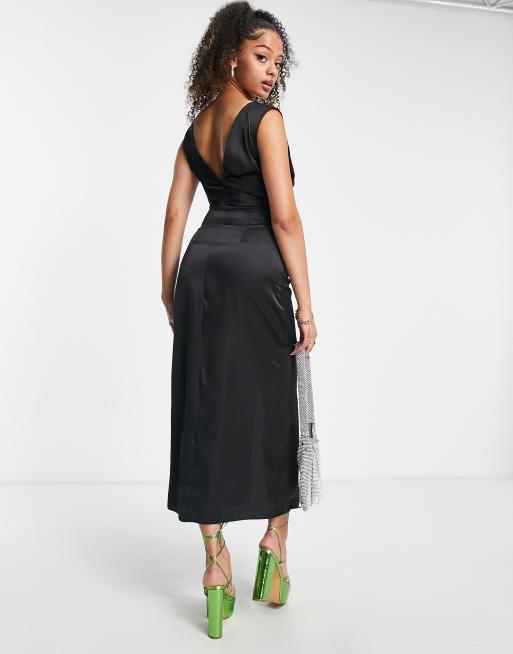 ASOS DESIGN Tall - Satijnen midi jurk met knopen in zwart , 2 van 4