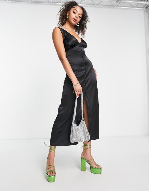 ASOS DESIGN Tall - Satijnen midi jurk met knopen in zwart , 4 van 4