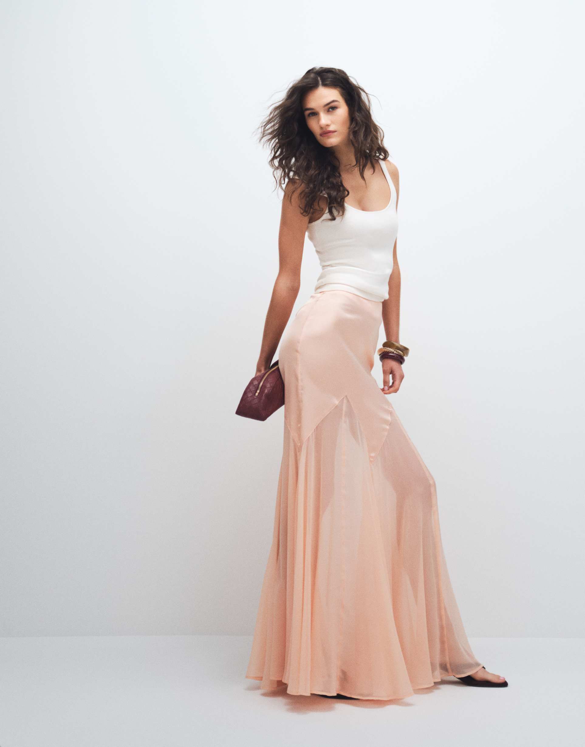 asos design tall satin and chiffon mix fishtail skirt in peach