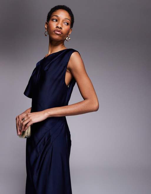 ASOS DESIGN Tall satin asymmetric neckline maxi dress with pleated shoulder  and skirt detailing in midnight blue | ASOS