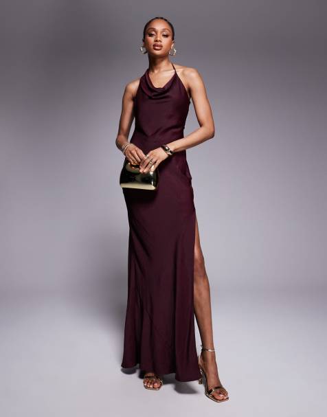 ASOS DESIGN Tall satin asymmetric strap midaxi dress with split in dark cherry - view 1