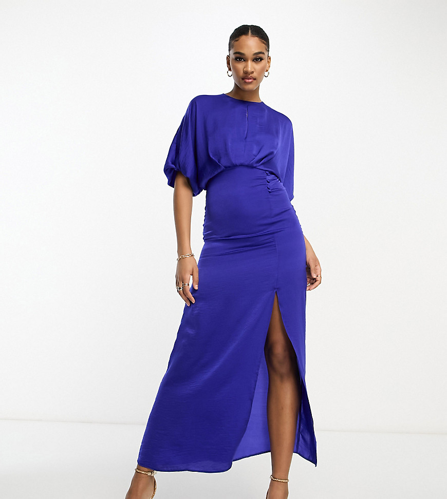 Asos Tall Asos Design Tall Satin Batwing Midi Dress With Button Side Detail In Cobalt-blue