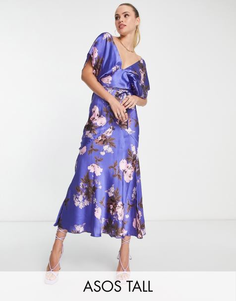 ASOS DESIGN Tall satin batwing midi dress with large floral print in purple - view 1