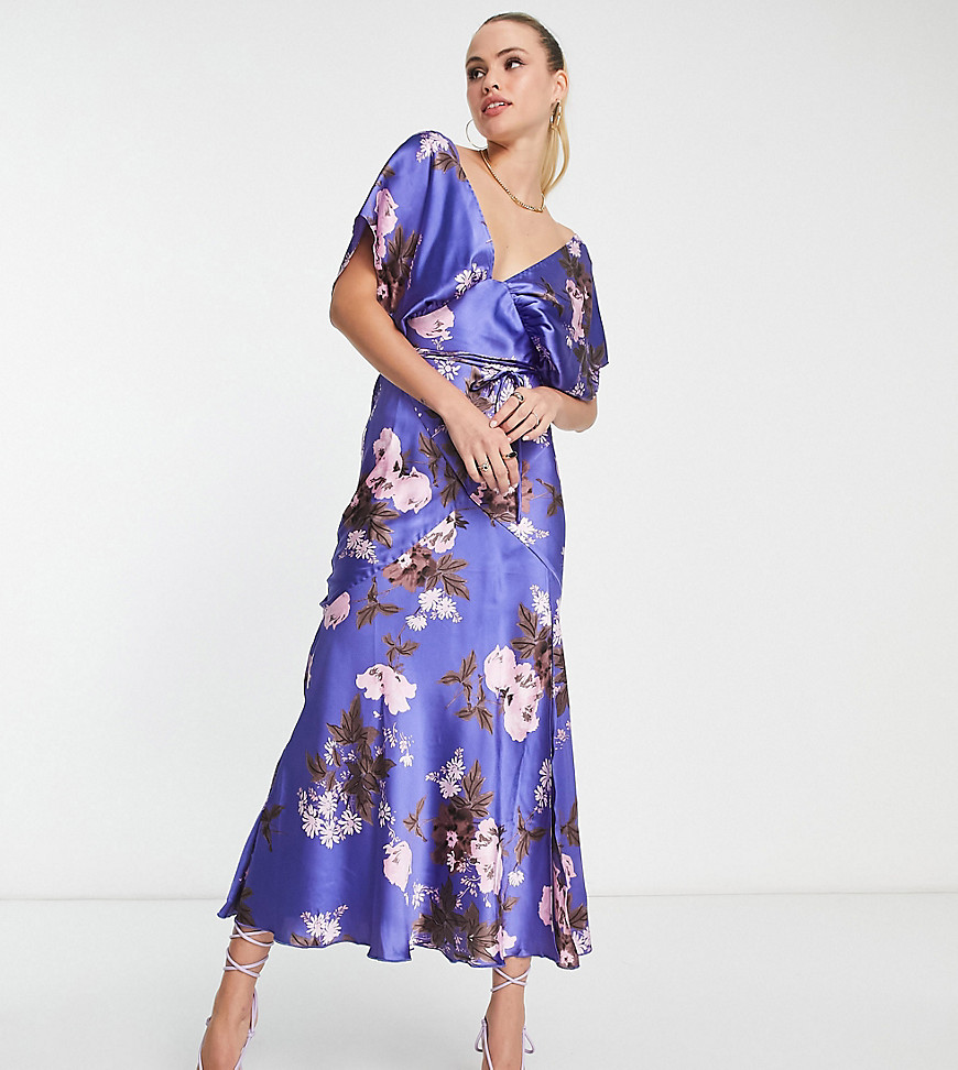 ASOS DESIGN Tall satin batwing midi dress with large floral print in purple-Multi