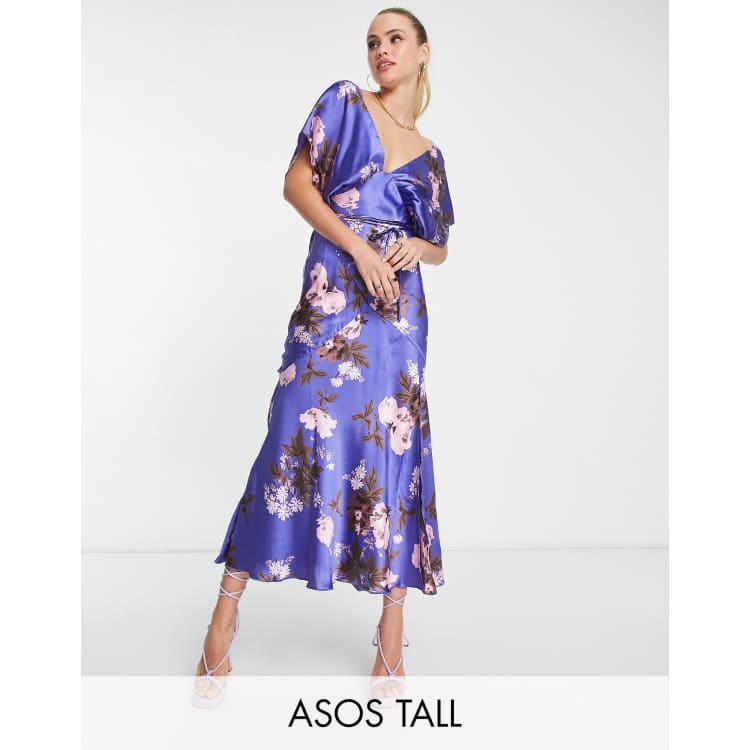 ASOS DESIGN Tall satin batwing midi dress with large floral print