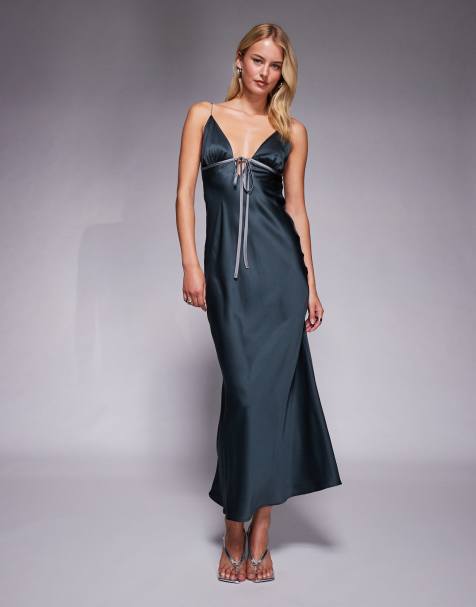 ASOS DESIGN Tall satin bias cut cami midi dress with contrast tie detail in slate blue - view 1