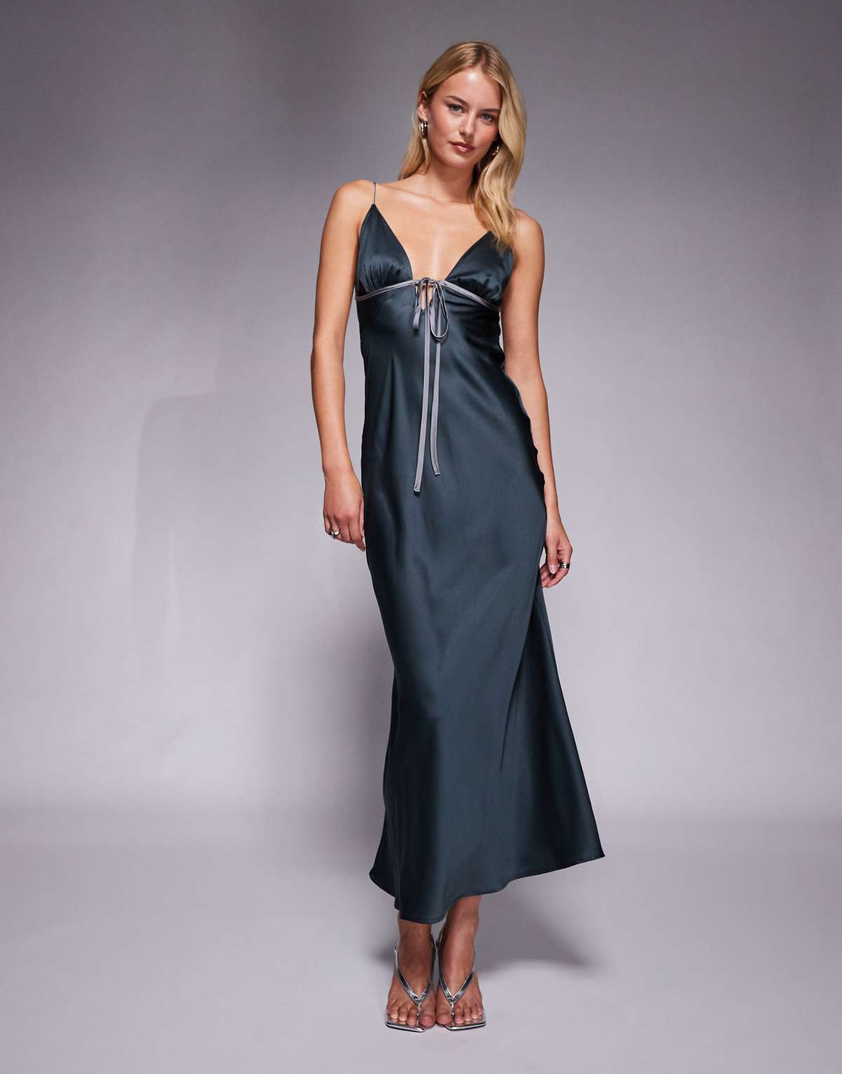 ASOS DESIGN Tall satin bias cut cami midi dress with contrast tie detail in slate blue