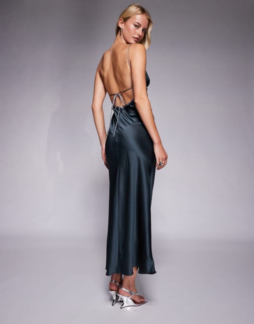 ASOS DESIGN Tall satin bias cut cami midi dress with contrast tie detail in slate blue