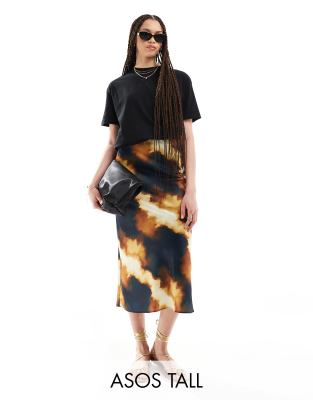 ASOS DESIGN Tall satin bias cut midi skirt in leopard print-Multi