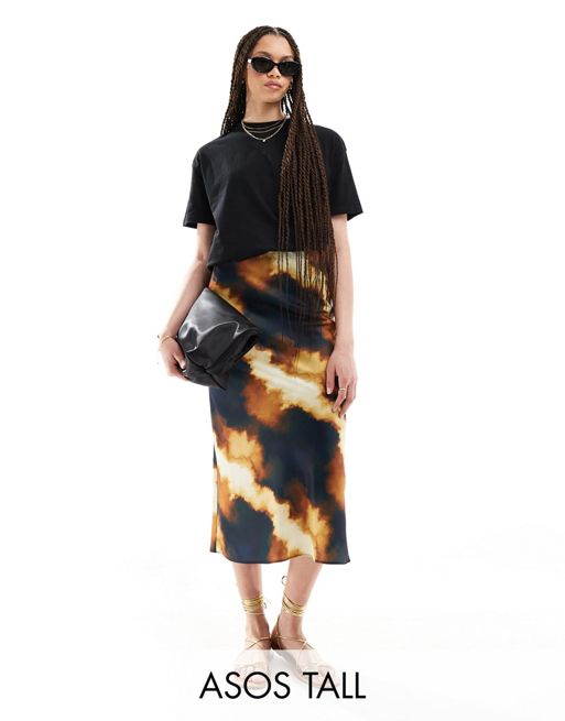FhyzicsShops DESIGN Tall satin bias cut midi skirt in leopard print