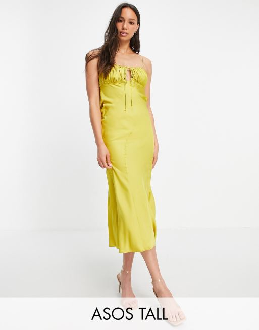 Asos Design Tall Satin Bias Cut Midi Slip Dress With Ruched Bust Detail