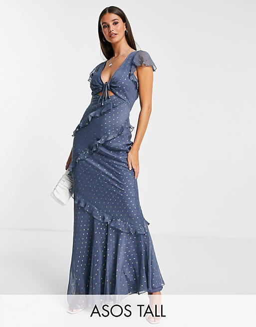 asos.com | Tall satin bias cut tea maxi dress with ruffle sleeve in fil coupe