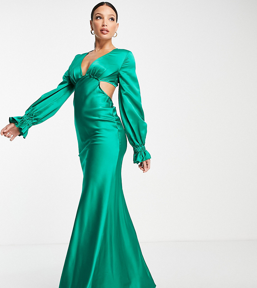 ASOS DESIGN Tall satin bias maxi dress with blouson sleeve-Green