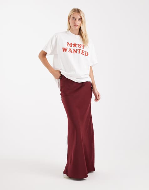 ASOS DESIGN Tall satin bias maxi skirt in burgundy - view 1
