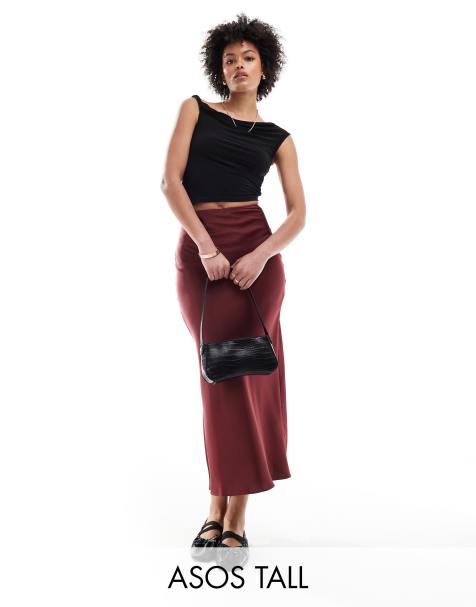 ASOS DESIGN Tall satin bias midi skirt in burgundy - view 1