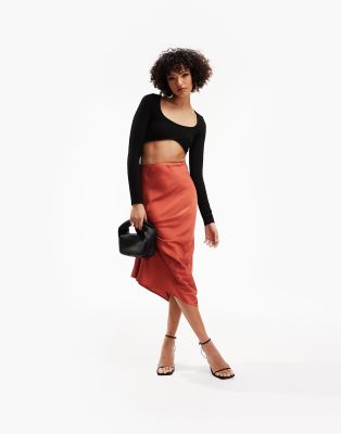 ASOS DESIGN Tall satin bias midi skirt in cinnamon - ASOS Price Checker