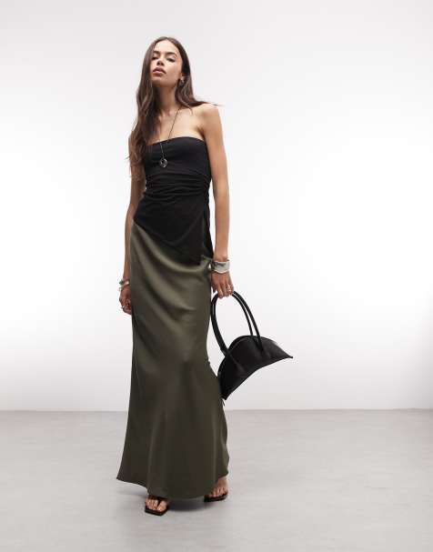 ASOS DESIGN Tall satin bias midi skirt in khaki - view 1