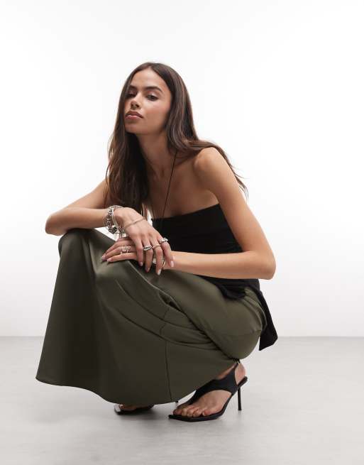 ASOS DESIGN Tall satin bias midi skirt in khaki, 2 of 5