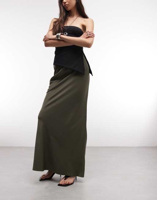 ASOS DESIGN Tall satin bias midi skirt in khaki, 5 of 5