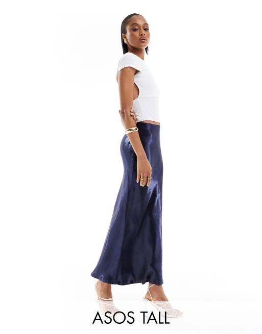 ASOS DESIGN Tall satin bias midi skirt in metallic navy