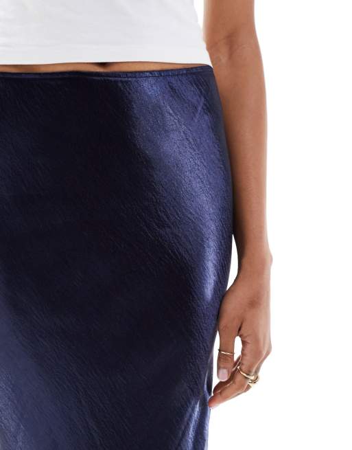 ASOS DESIGN Tall satin bias midi skirt in metallic navy