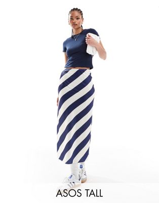 ASOS DESIGN Tall satin bias midi skirt in navy stripe