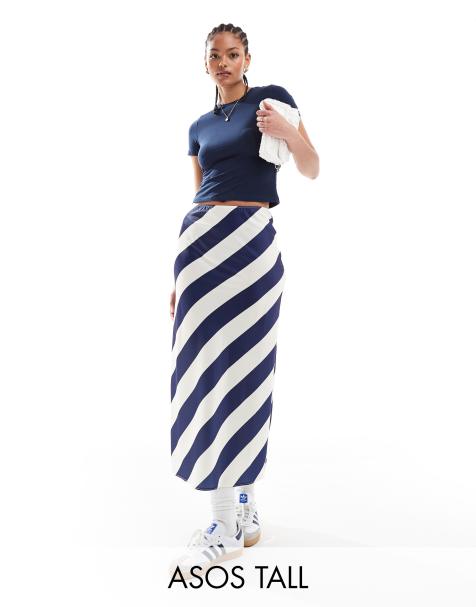 ASOS DESIGN Tall satin bias midi skirt in navy stripe - view 1
