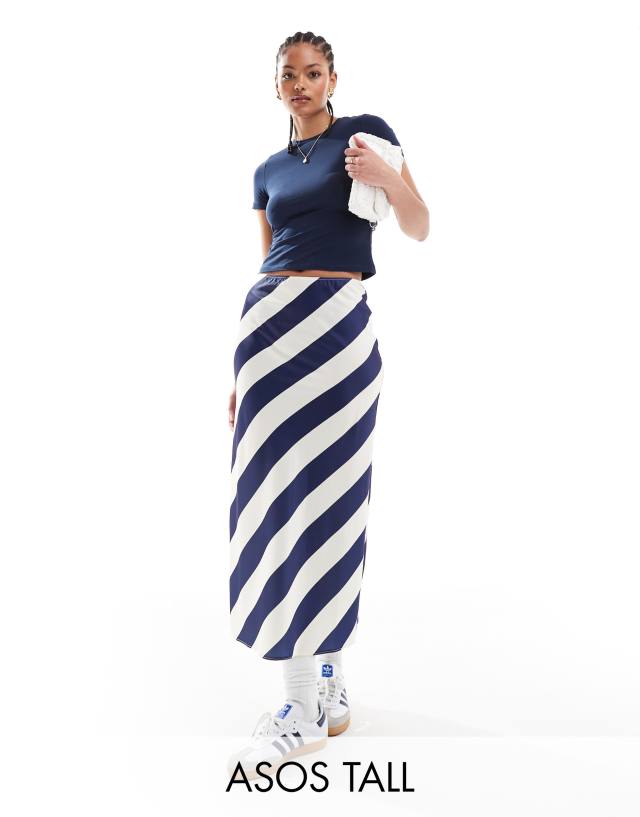 ASOS Tall - ASOS DESIGN Tall satin bias midi skirt in navy stripe