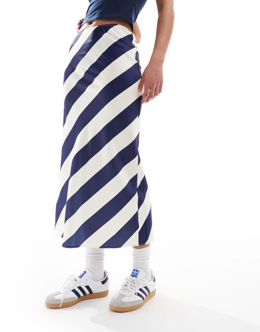 ASOS DESIGN Tall satin bias midi skirt in navy stripe