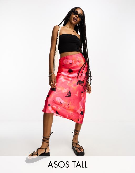 Women Fuchsia Floral Bias Flared Skirt