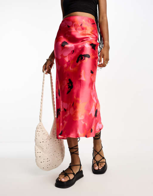 ASOS DESIGN Tall satin bias midi skirt in pink abstract floral print, 3 of 4