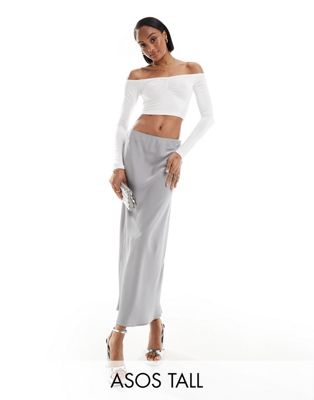 Asos Tall Asos Design Tall Satin Bias Midi Skirt In Silver