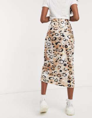 asos design bias cut satin midi skirt in leopard print