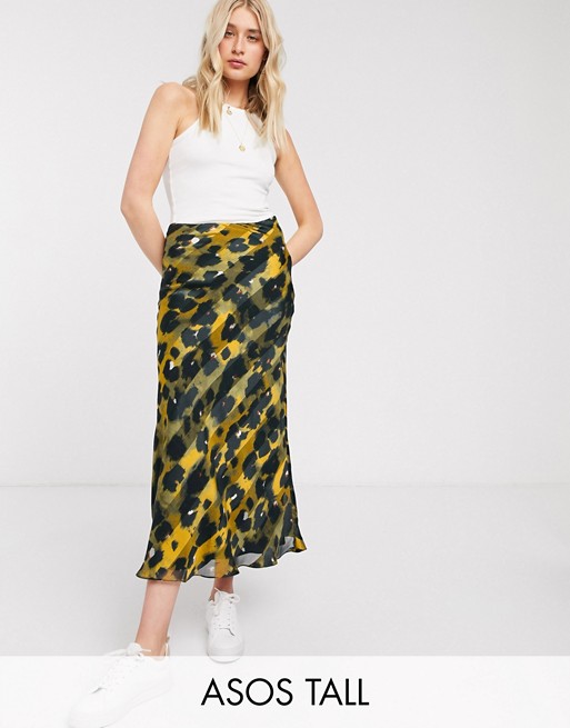 ASOS DESIGN Tall satin bias midi skirt in stripe leopard print