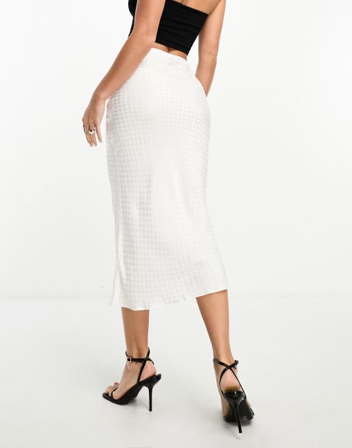 ASOS DESIGN Tall satin bias midi skirt in white plaid jacquard