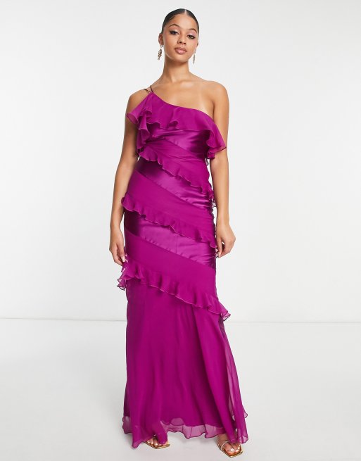 ASOS DESIGN satin spot flutter sleeve maxi dress with open back in purple