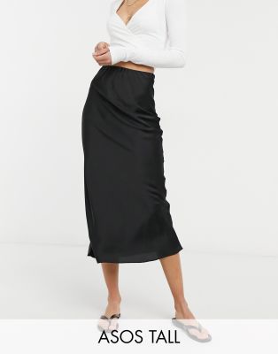 ASOS DESIGN Tall satin bias slip midi skirt in black