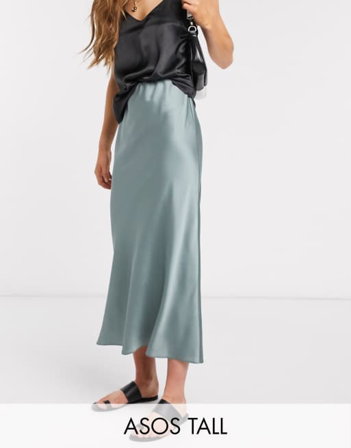 ASOS DESIGN Tall satin bias slip midi skirt in green