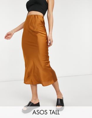 ASOS DESIGN Tall satin bias slip midi skirt in tan-Brown