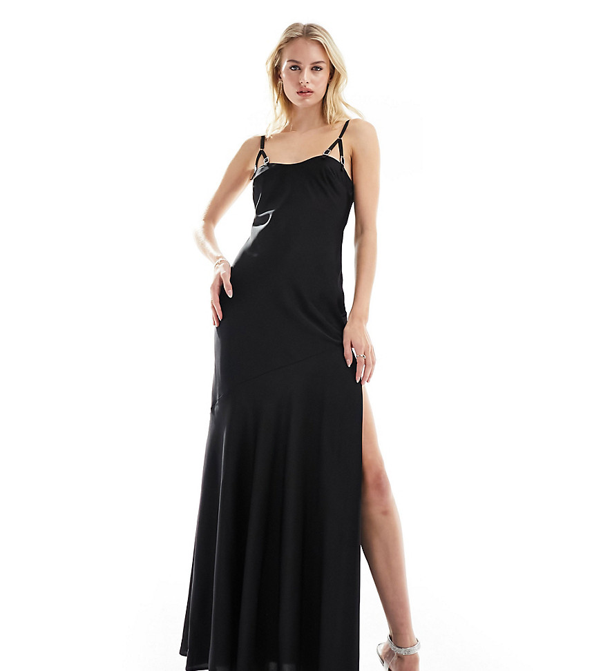 ASOS DESIGN Tall satin buckle strap maxi dress with fuller skirt in black