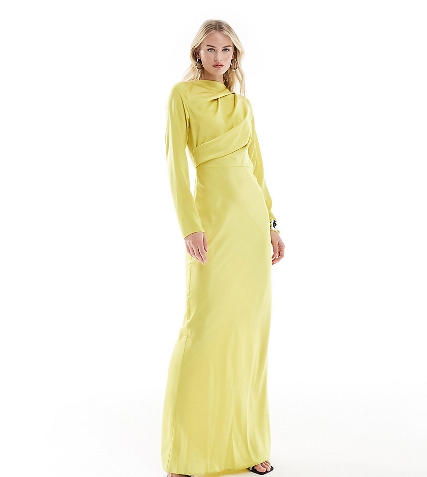 ASOS DESIGN Tall satin button shoulder maxi dress with drape bodice detail in chartreuse-Green